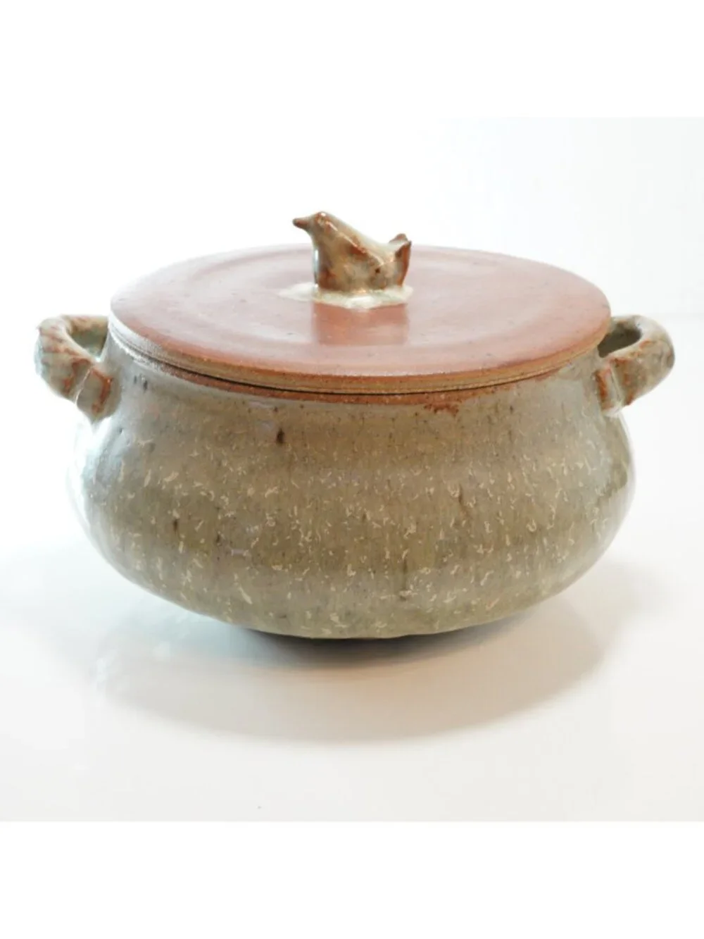 Vintage Brooke Studio Art Pottery Stoneware Lidded Crock Bird Finial Gray
